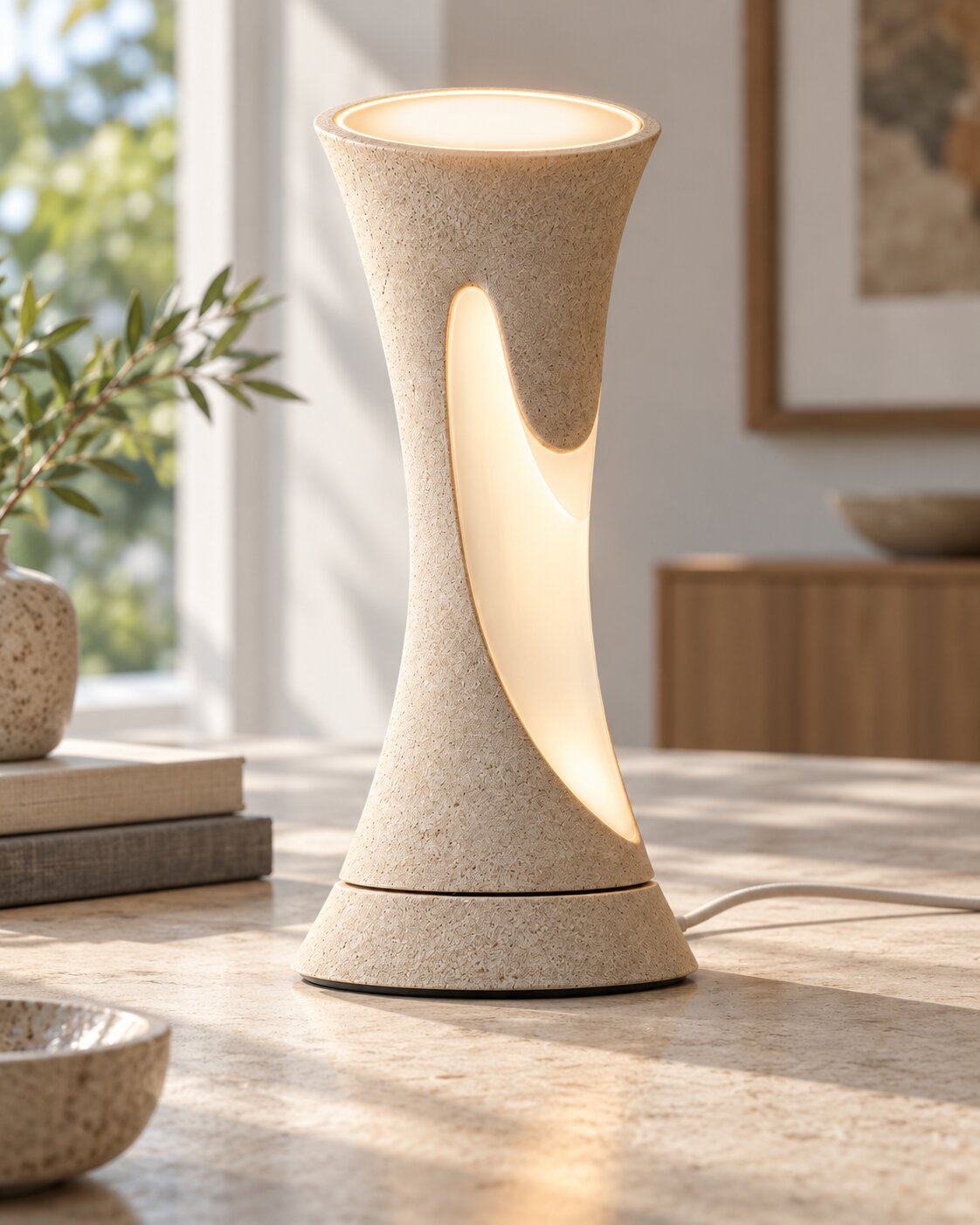 Concept 2 render, textured sandstone body with translucent glowing negative space